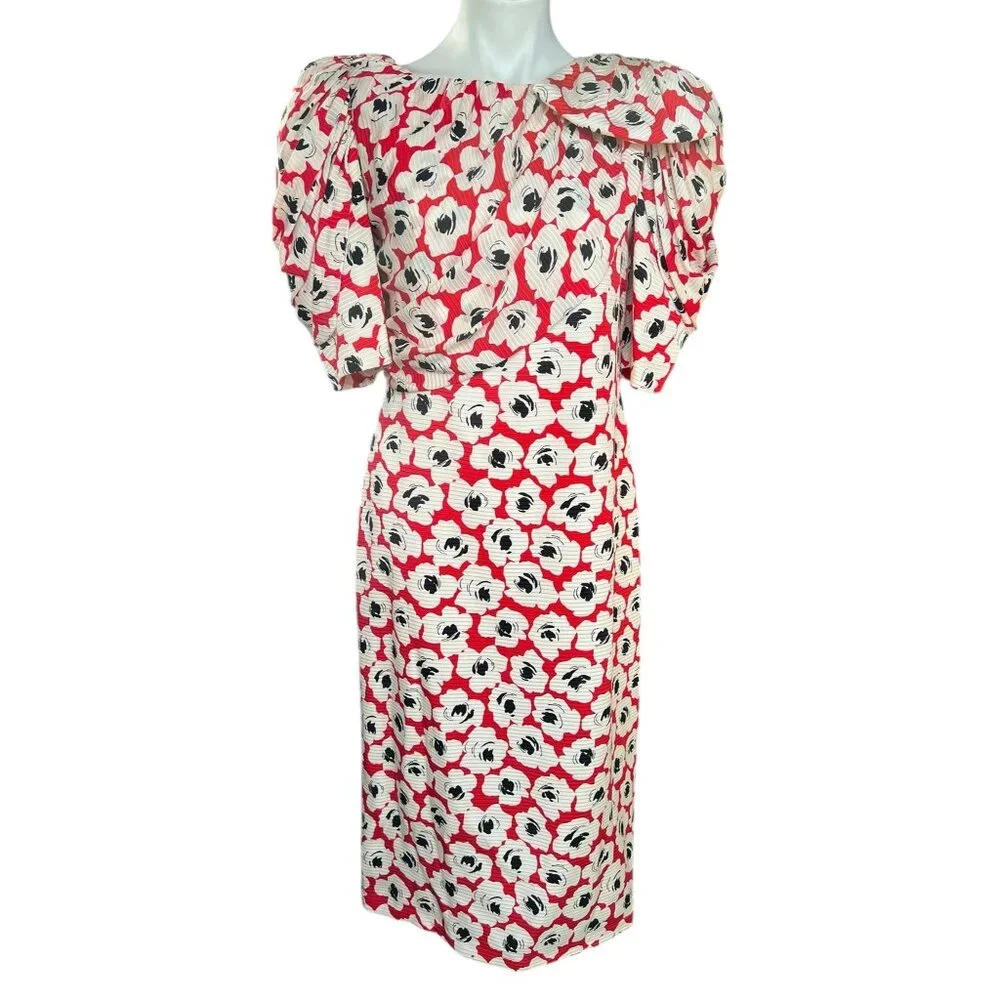 Digna Yero Sakowitz Womens Dress Size 10 Red Blk Wht Puff Sleeves & Draped Yoke - Picture 10 of 16